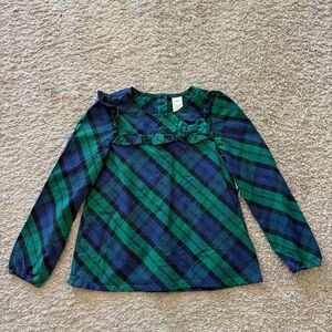 Gymboree Girls Blouse Green Blue Holiday Plaid Size 8 Ruffle Bow Long Sleeve